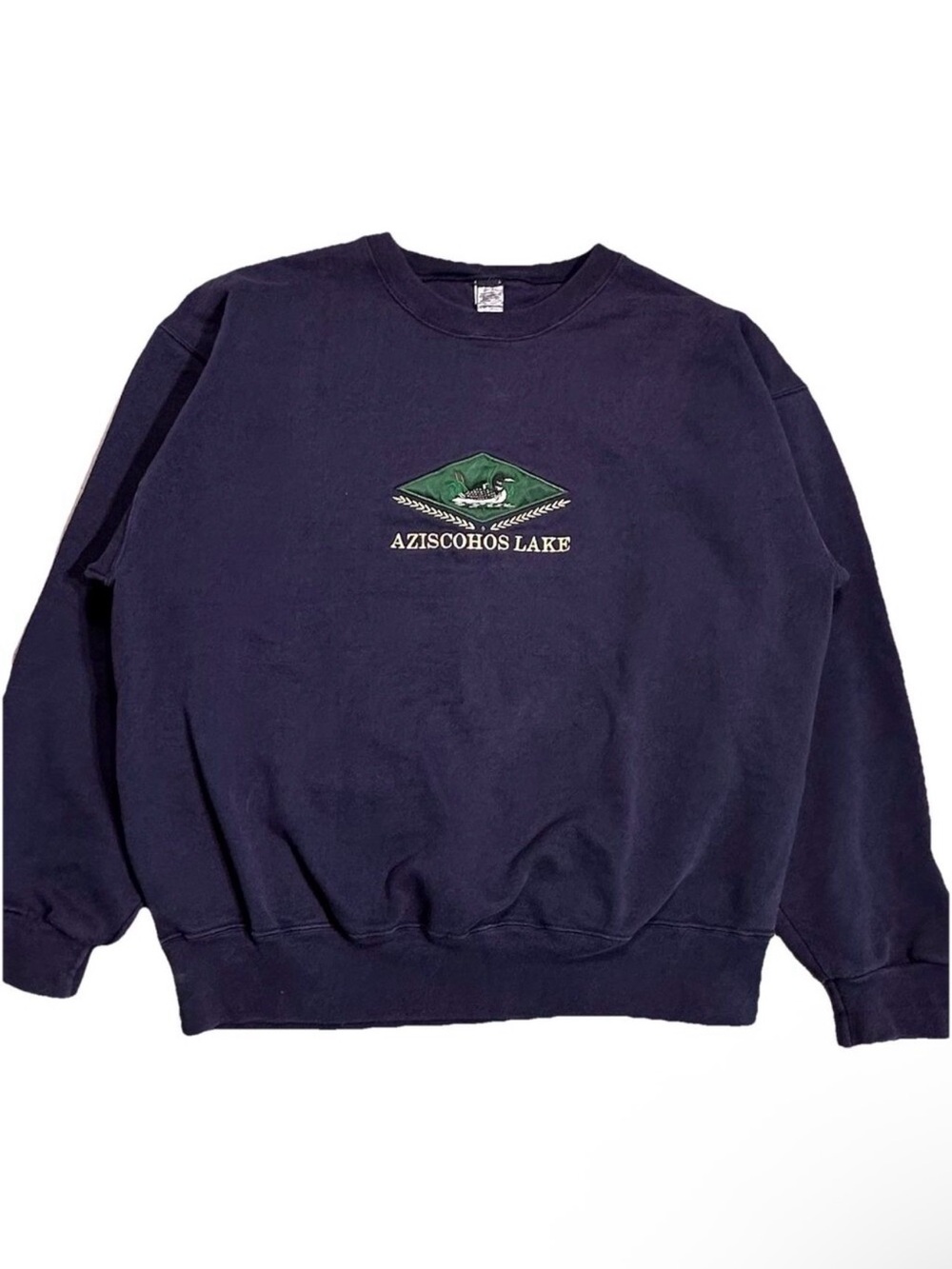 Vintage Aziscohos Lake Loon Duck Embroidered Crewneck Blue Sweatshirt Size Large